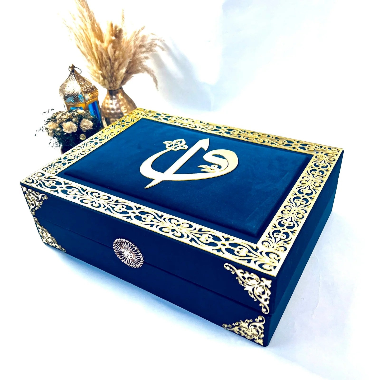 Turquoise Quran gift box beautifully presented with personalized name tag and Islamic accessories.