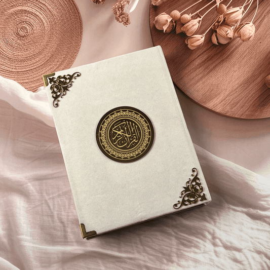 Premium Velvet Cover Holy Quran Al- Karim | Ramadan Mubarak Gift | In Roman Urdu Script With Transliteration | Pearl White.