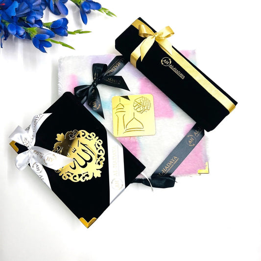 Rainbow inspired Quran hamper with black velvet tasbih case and white oud perfume.
