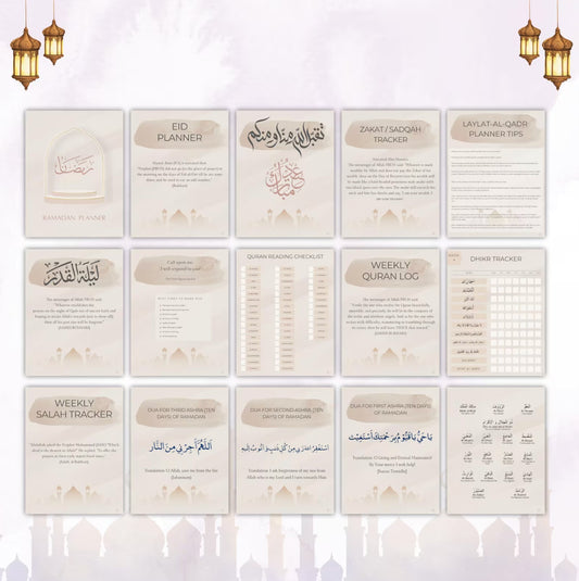 Digital and printable Ramadan planner for Muslims with dua, salah, and zakat tracking.