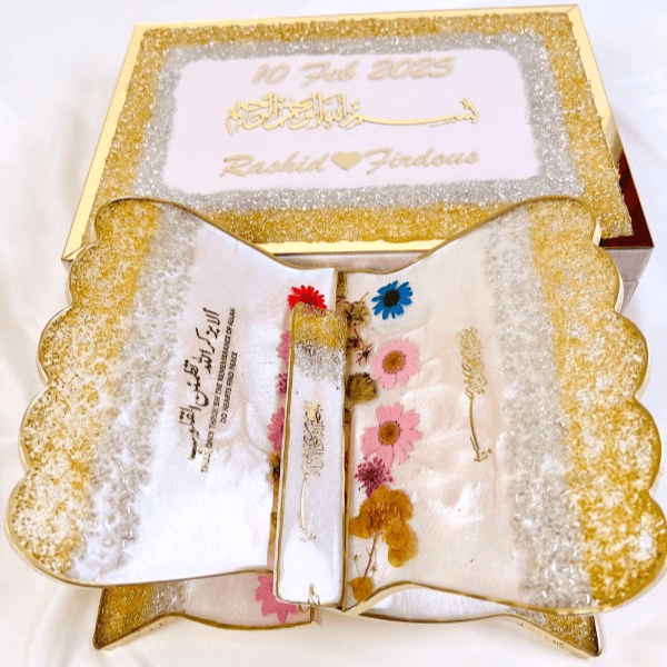 Handmade resin Quran stand and personalized Quran box set with Islamic design