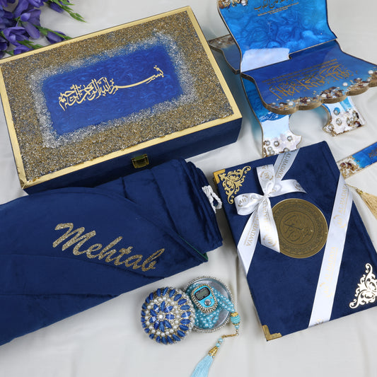 Luxury Royal Blue Quran Hamper with velvet Quran, resin rehal, tasbih, and prayer mat β Al Hadaya