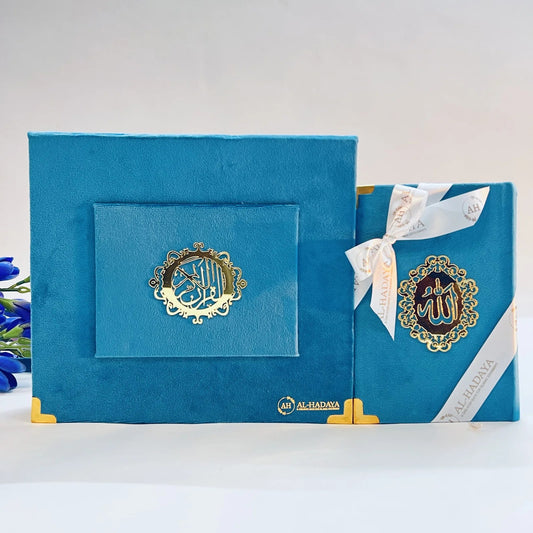 Royal blue Islamic gift box featuring velvet Quran, crystal tasbih, attar, and miswak | Gift for him
