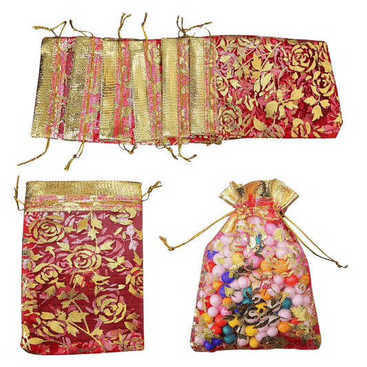 Nikah Return Potlis (Size 7X9 Cm) (Floral Pattern) (100 Pieces, Saffron Gold) Only Potli.