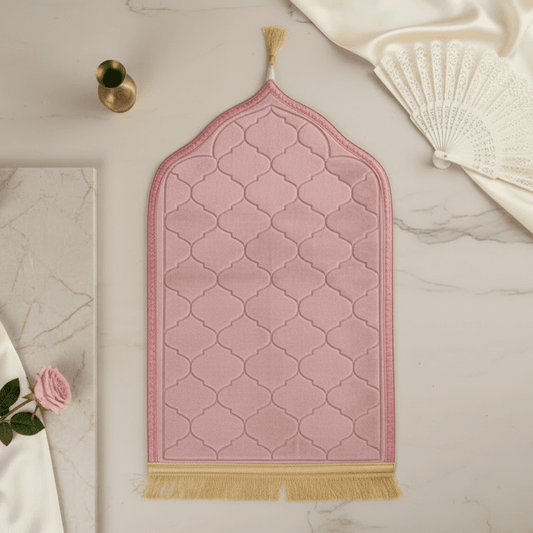 Kids Dome Design Premium Janamaz | Prayer Mat with Name Customisation Option | Soft Velvet Prayer Rug | Pink.