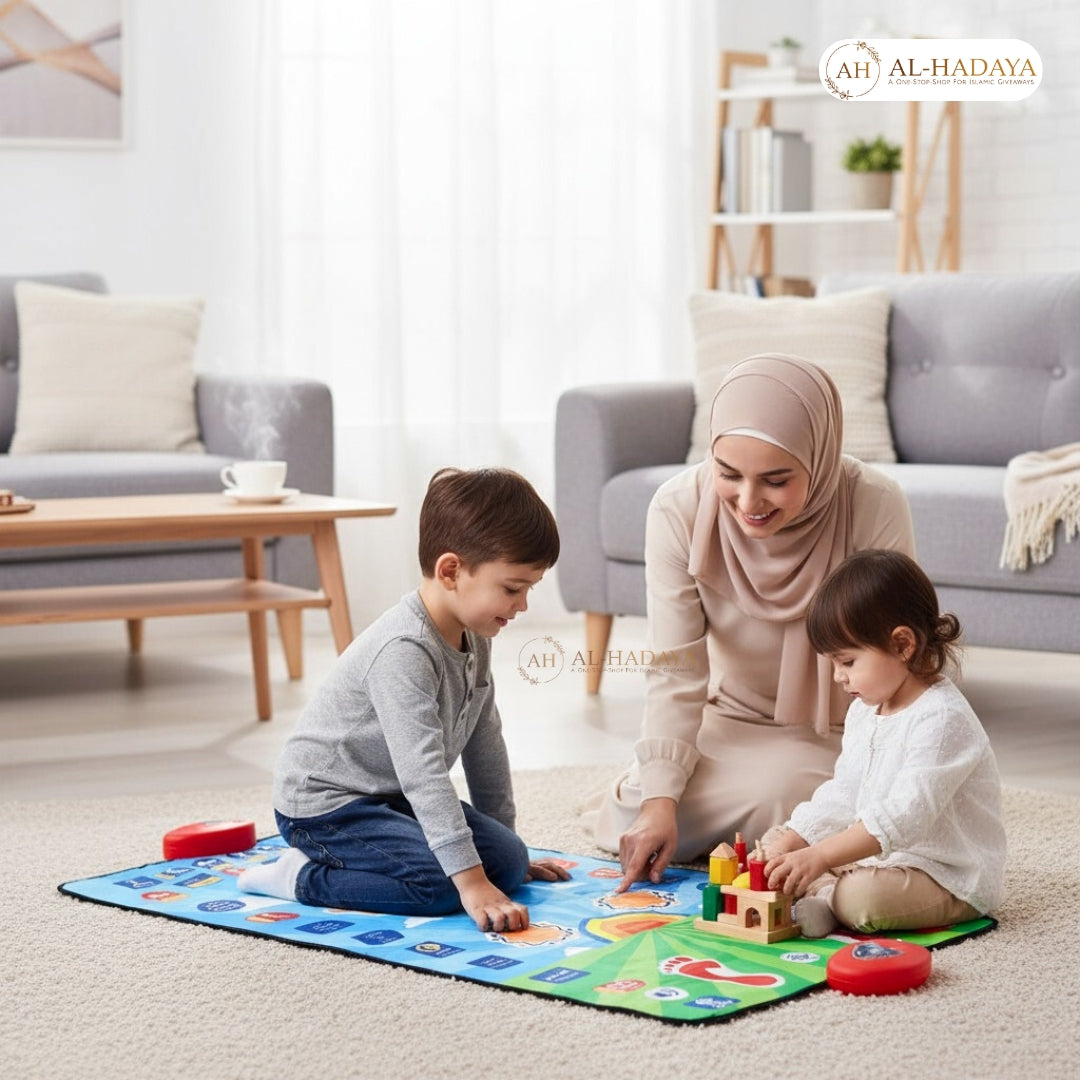 Smart rainbow prayer mat with My Salah educational features for learning Namaz.