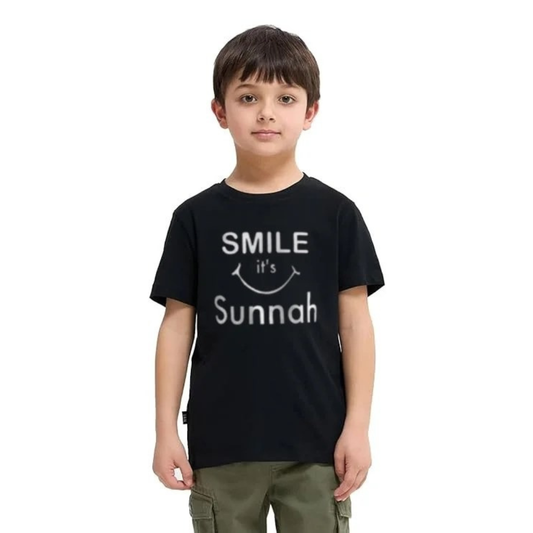 Black cotton kids T-shirt with “Smile is Sunnah” Islamic quote design.