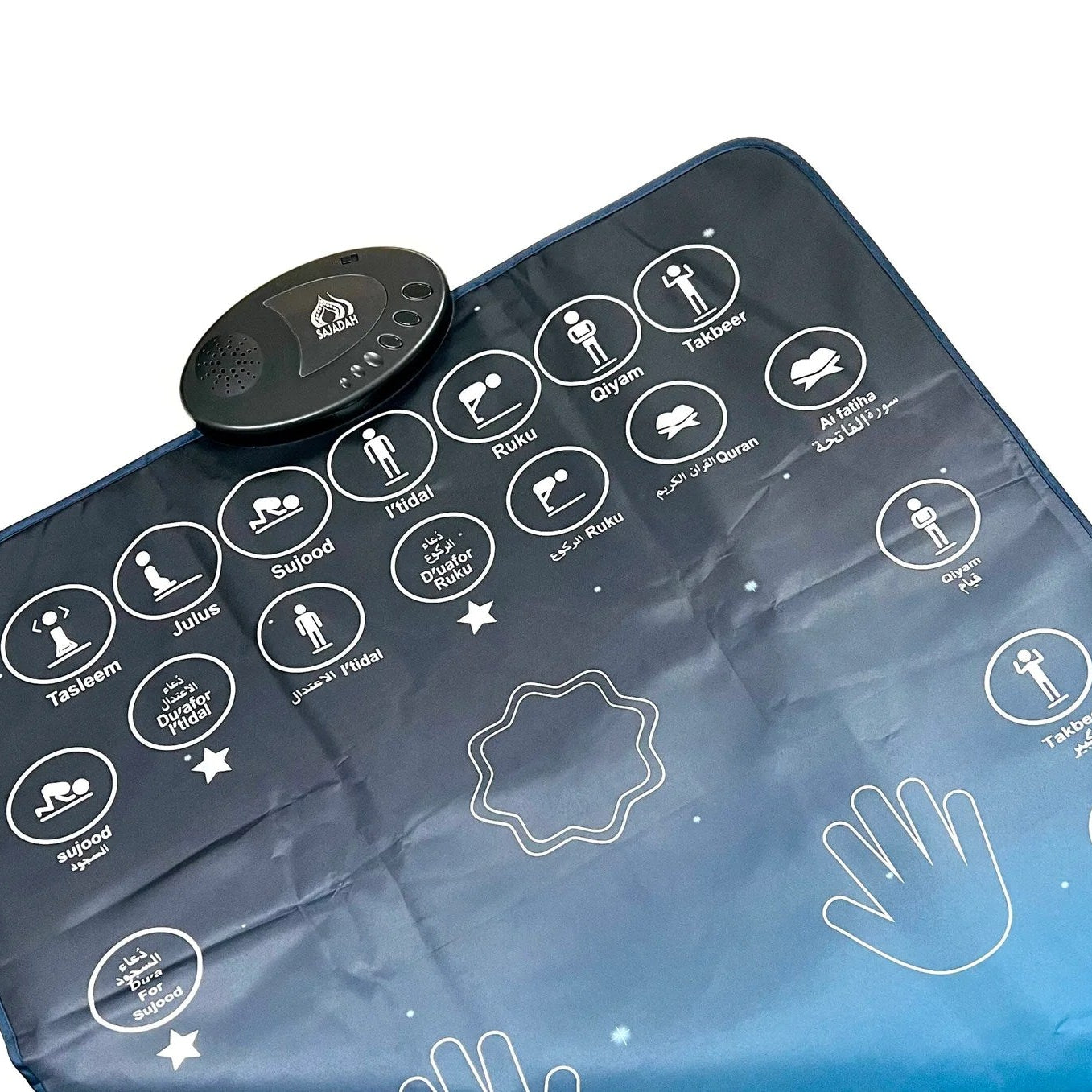 Educational Islamic prayer mat for children and adults with Surahs, Duas, and Salah instructions.