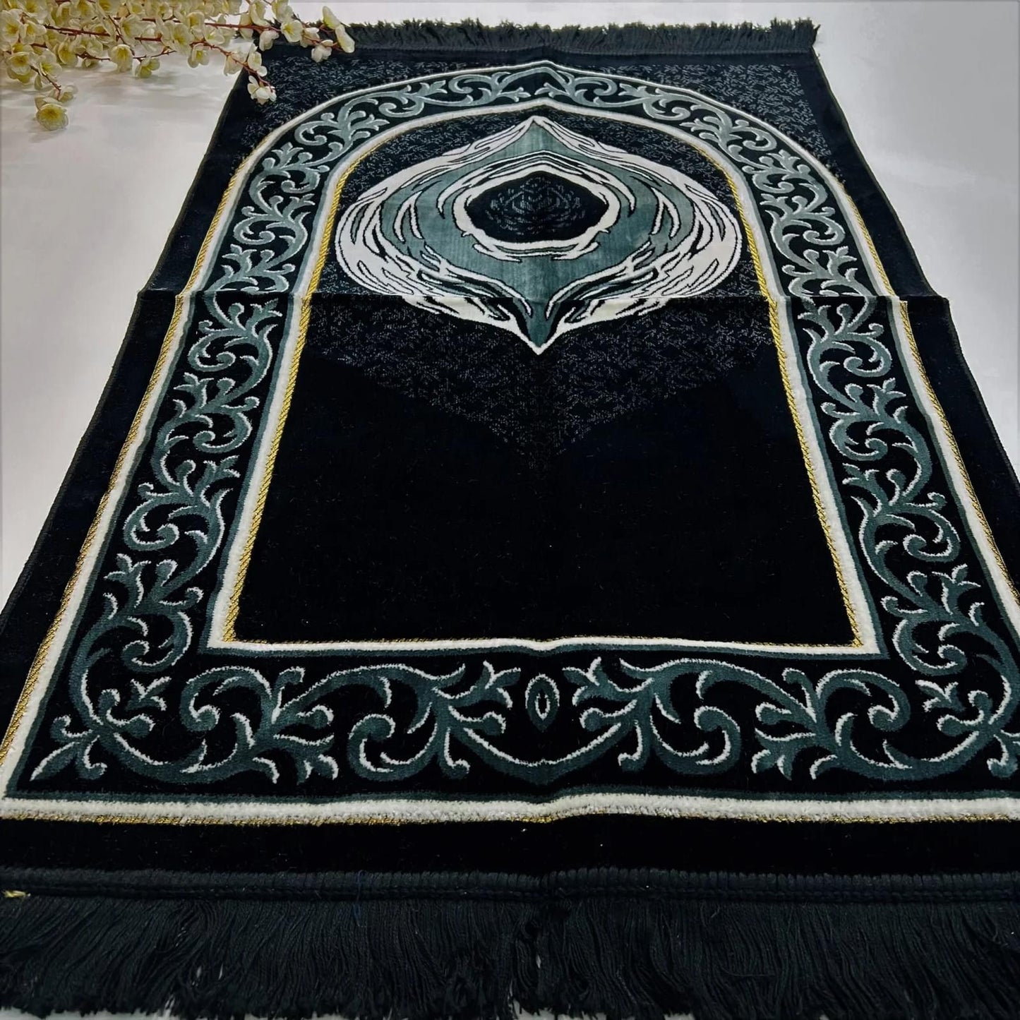 Premium Turkish prayer rug inspired by Hajr-e-Aswad for Salah and home decor.