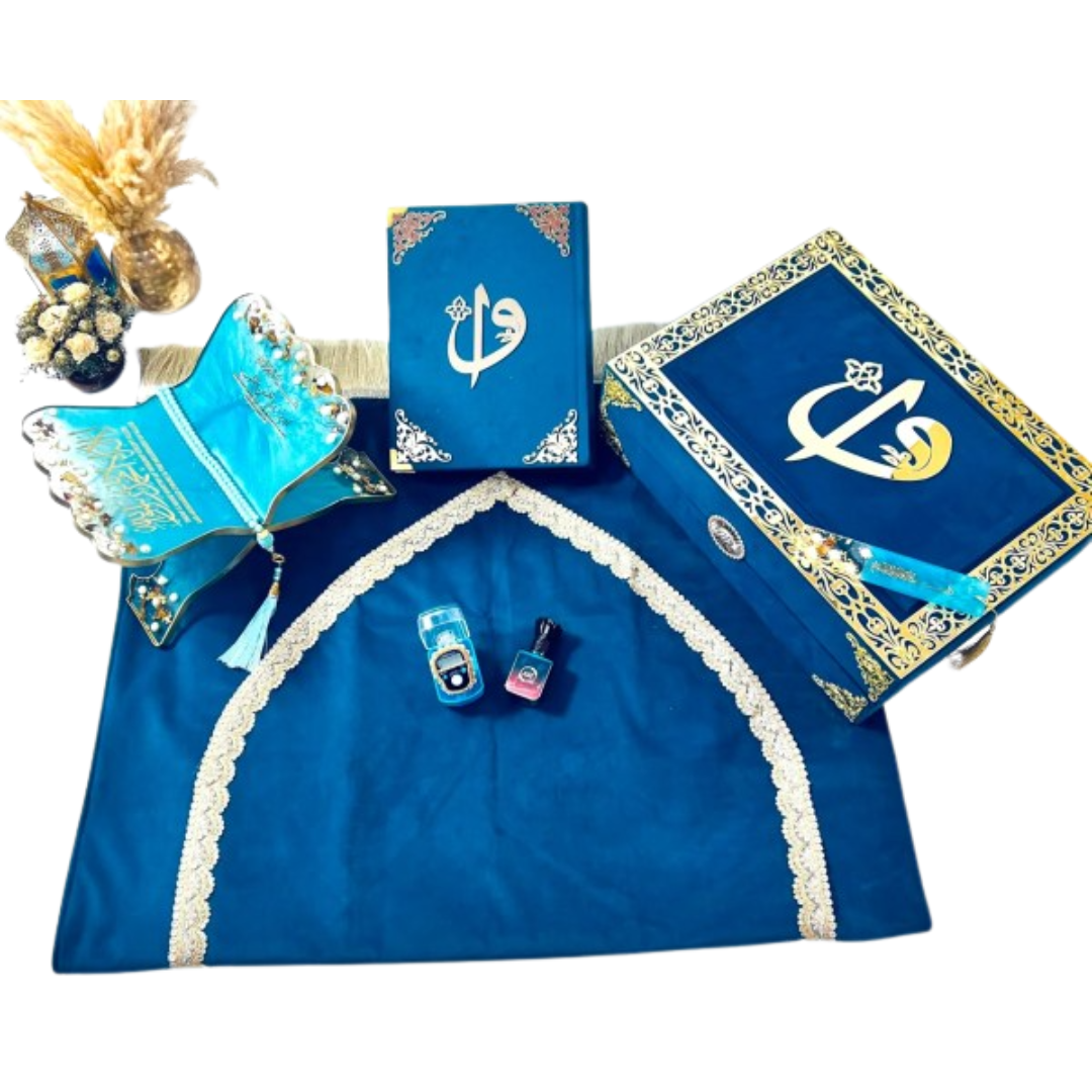 Turquoise Quran gift box beautifully presented with personalized name tag and Islamic accessories.