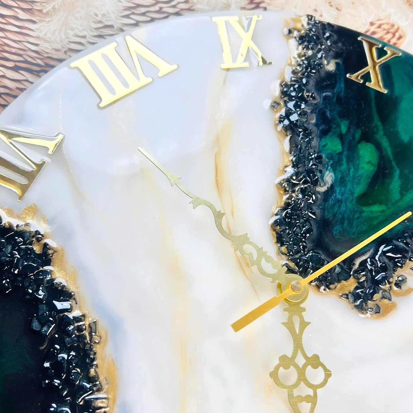 Elegant handmade resin clock featuring acrylic mirror numbers and silent movement