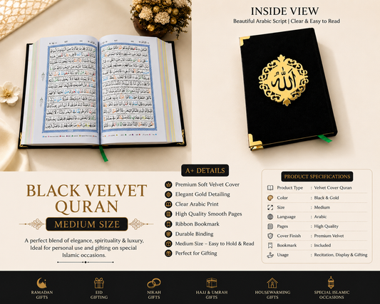 Premium Black Velvet Cover Quran 13 Lines Colour Coded