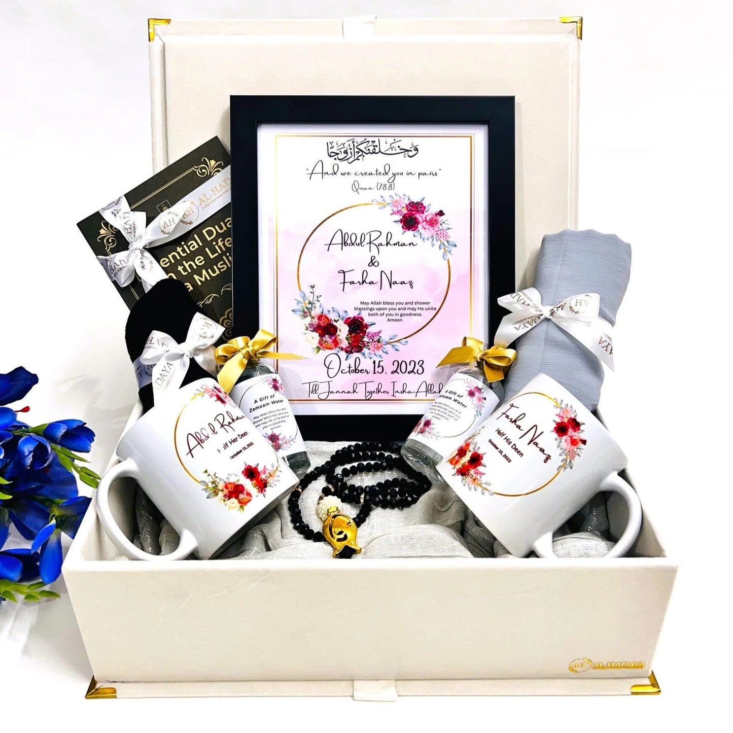 “Personalized Islamic gift set for couple with Zamzam, frame, mugs, and Muslim essentials”