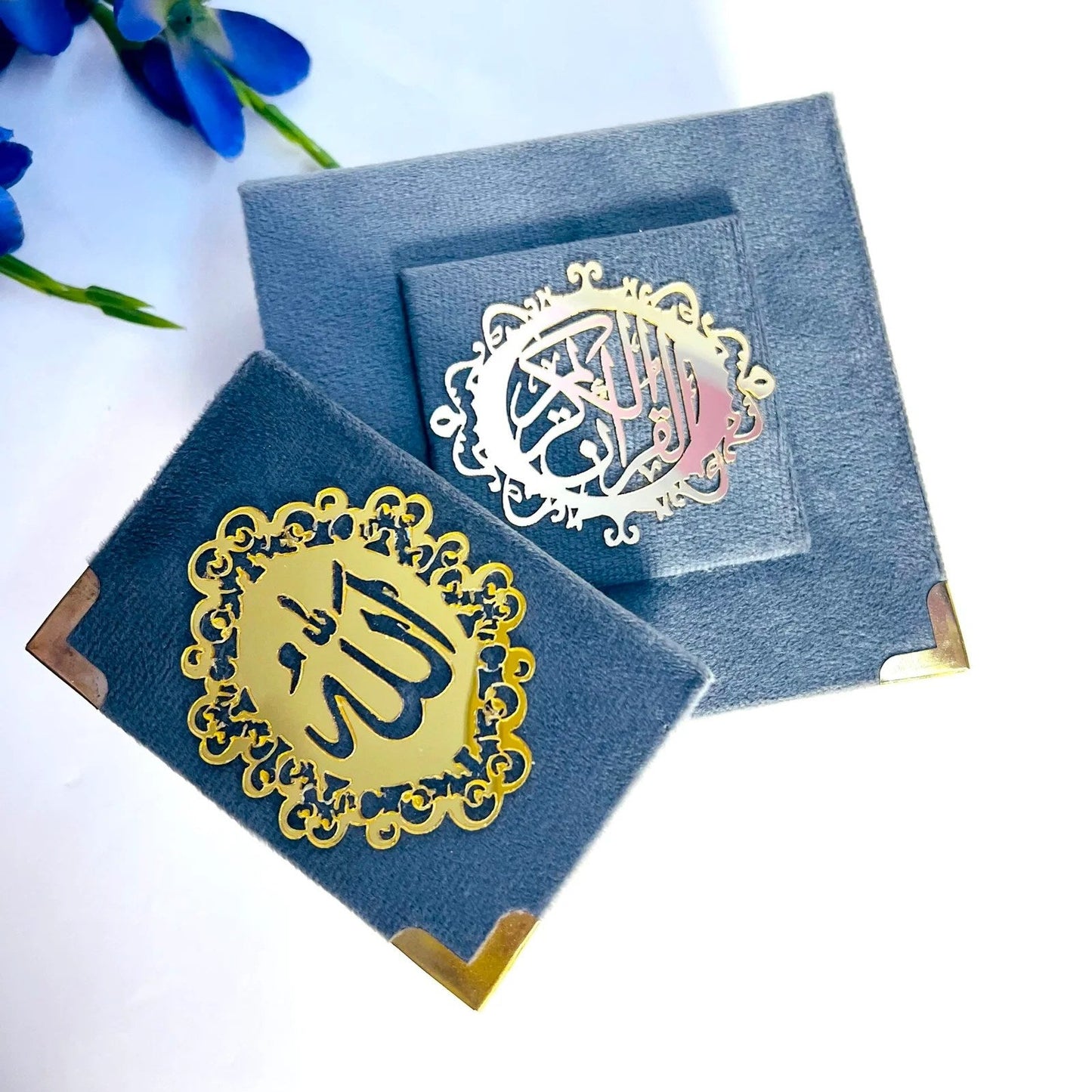 Velvet Grey keepsake box with mini Quran and matching tasbih