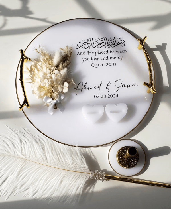 White floral resin ring tray with real dried flowers and Islamic calligraphy — perfect for Nikkah or wedding ceremonies.