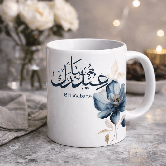 Eid Mubarak Ceramic Mug – Arabic Calligraphy & Blue Floral Art – 350ml.
