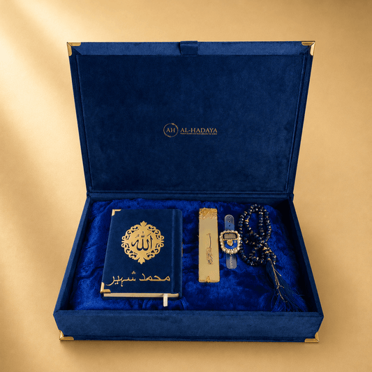 Blue velvet box with religious items on a gold background