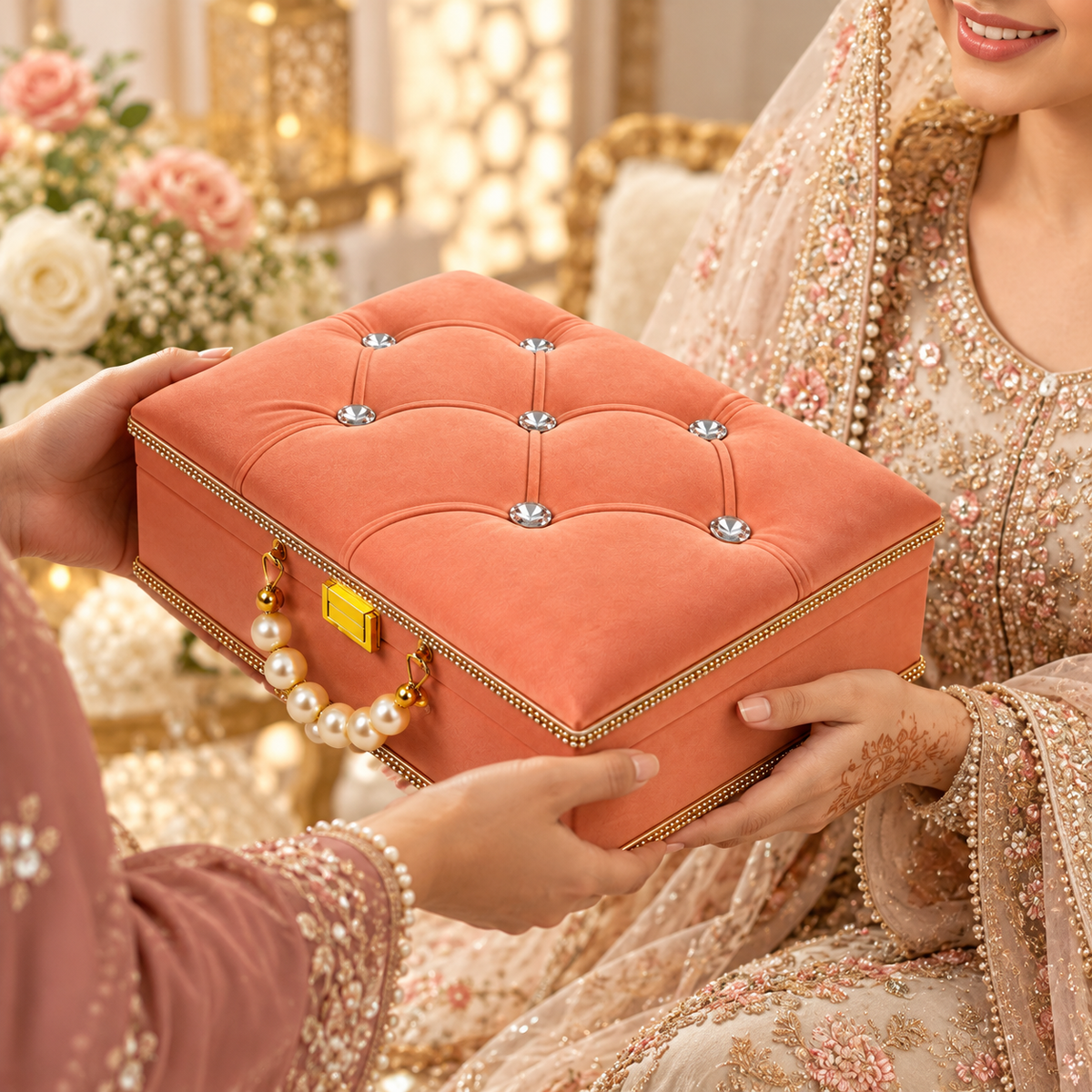 A peach velvet jewelry box with tufted buttons, crystal-like rhinestone accents, a pearl handle, and gold trim, being held by hands in a decorated indoor setting with a woman in traditional bridal attire in the background.