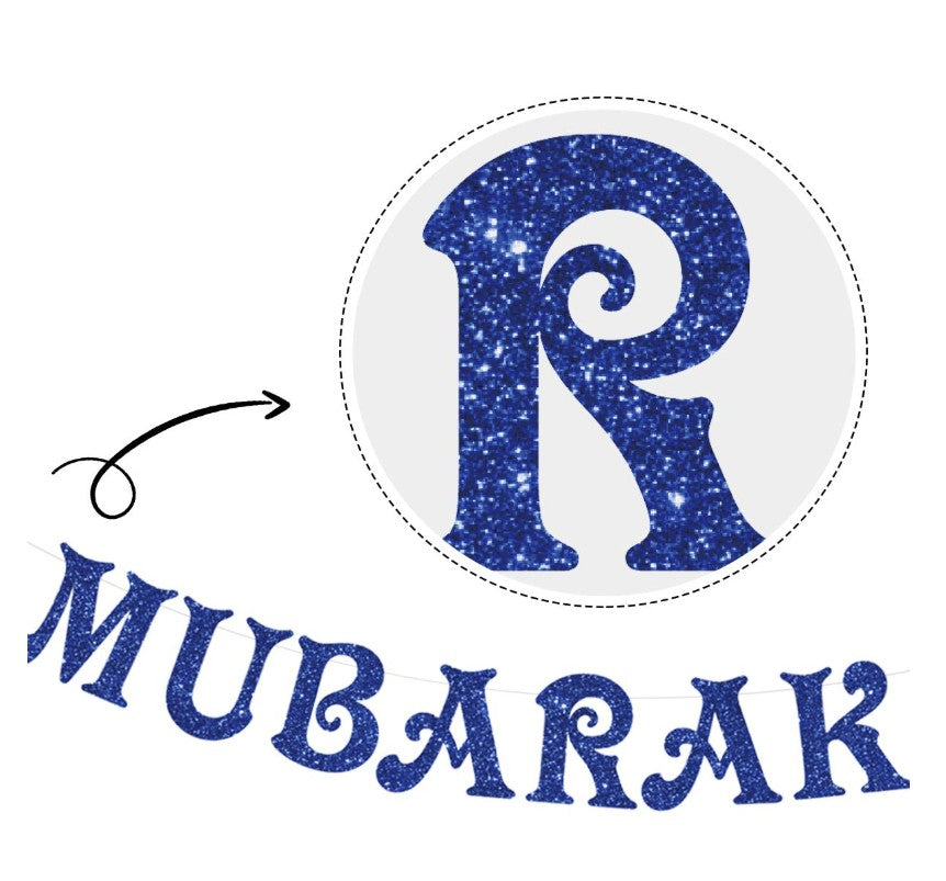 Eid Mubarak Banner Decoration Blue Glitter Star and Moon Garland Ramadan Hajj Mubarak Decorations for Home Table Muslim Islamic Party Decoration