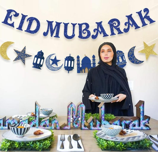 Eid Mubarak Banner Decoration Blue Glitter Star and Moon Garland Ramadan Hajj Mubarak Decorations for Home Table Muslim Islamic Party Decoration.