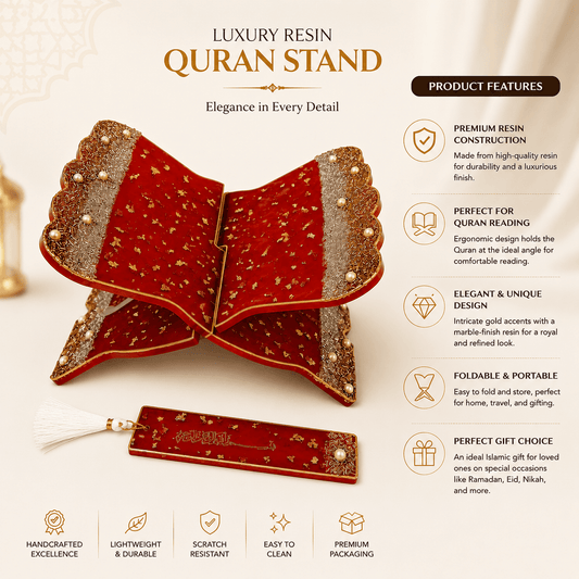 Red Shimmer Resin Rehal with Matching Bookmark | Premium Quran Stand.