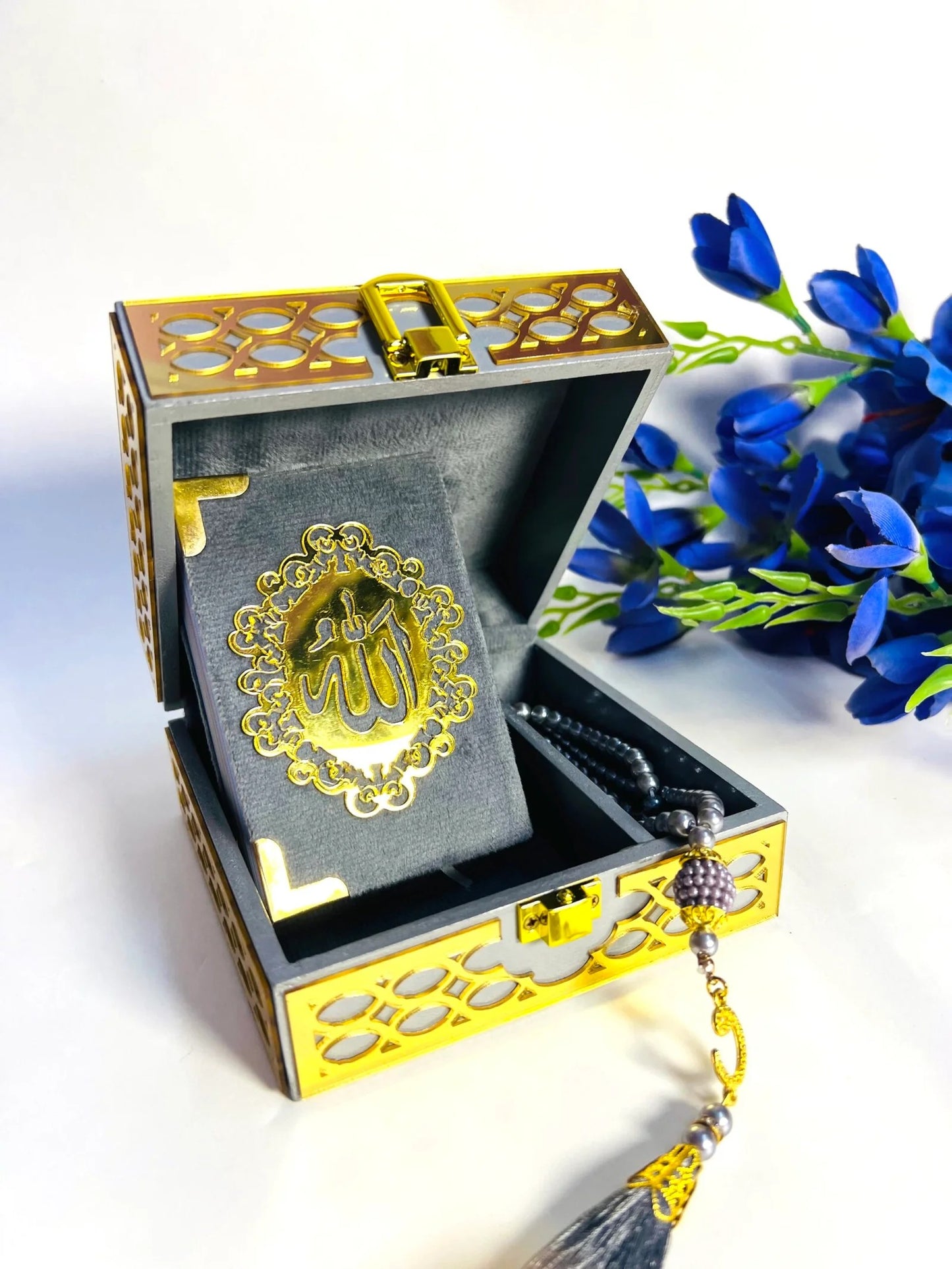 grey velvet covered mini quran acrylic golden box