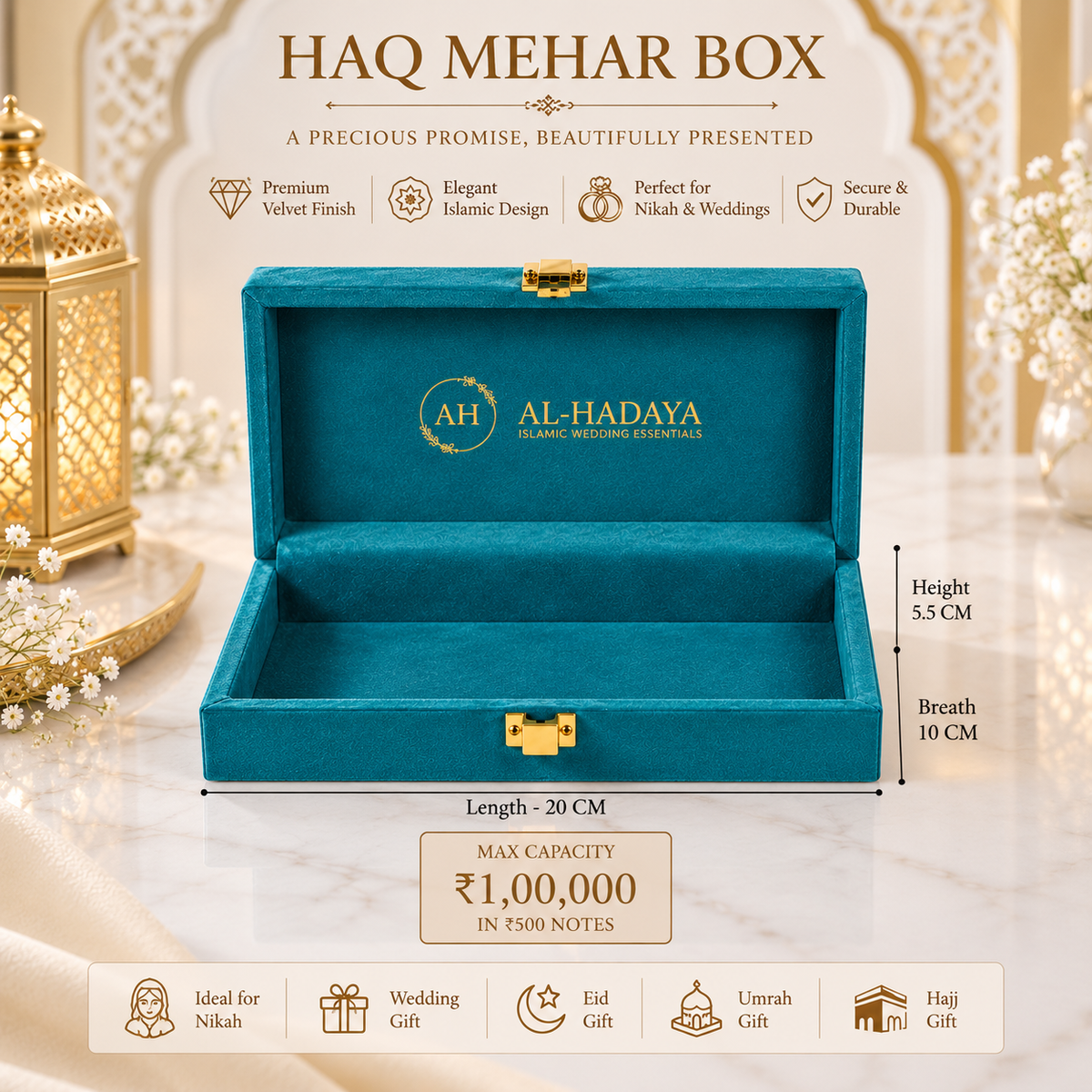 An open teal velvet Haq Mehar Box by Al-Hadaya, shown with gold hardware and printed product details on a warm beige background with decorative lanterns and floral elements.