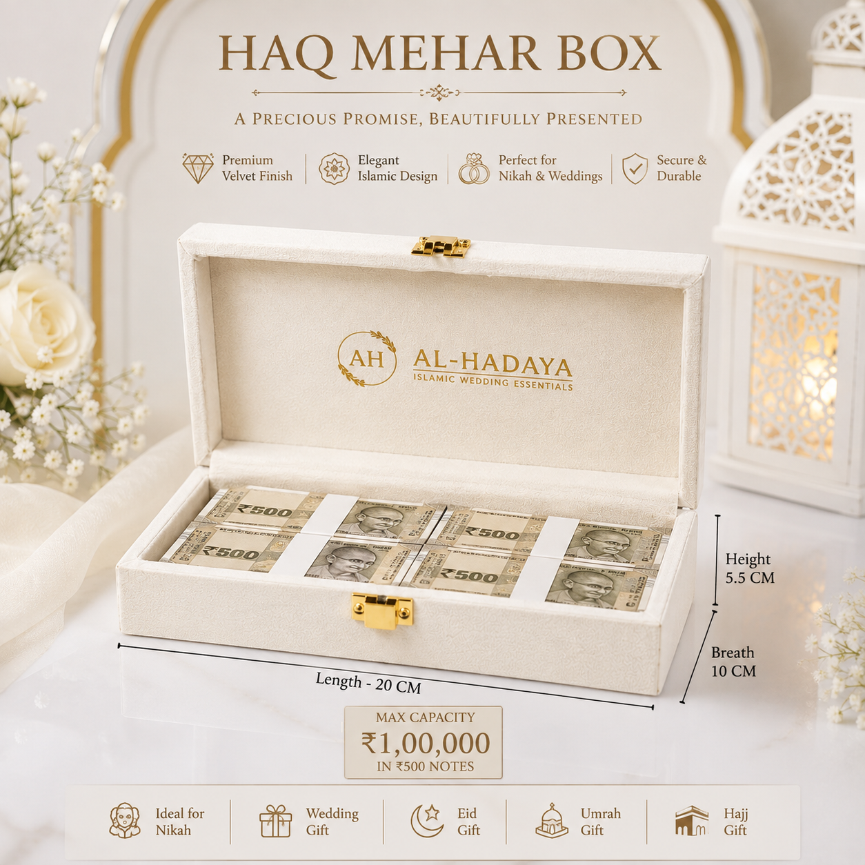 Personalized Haqq Meher Box| Cash Capacity Max 1L | Pearl White