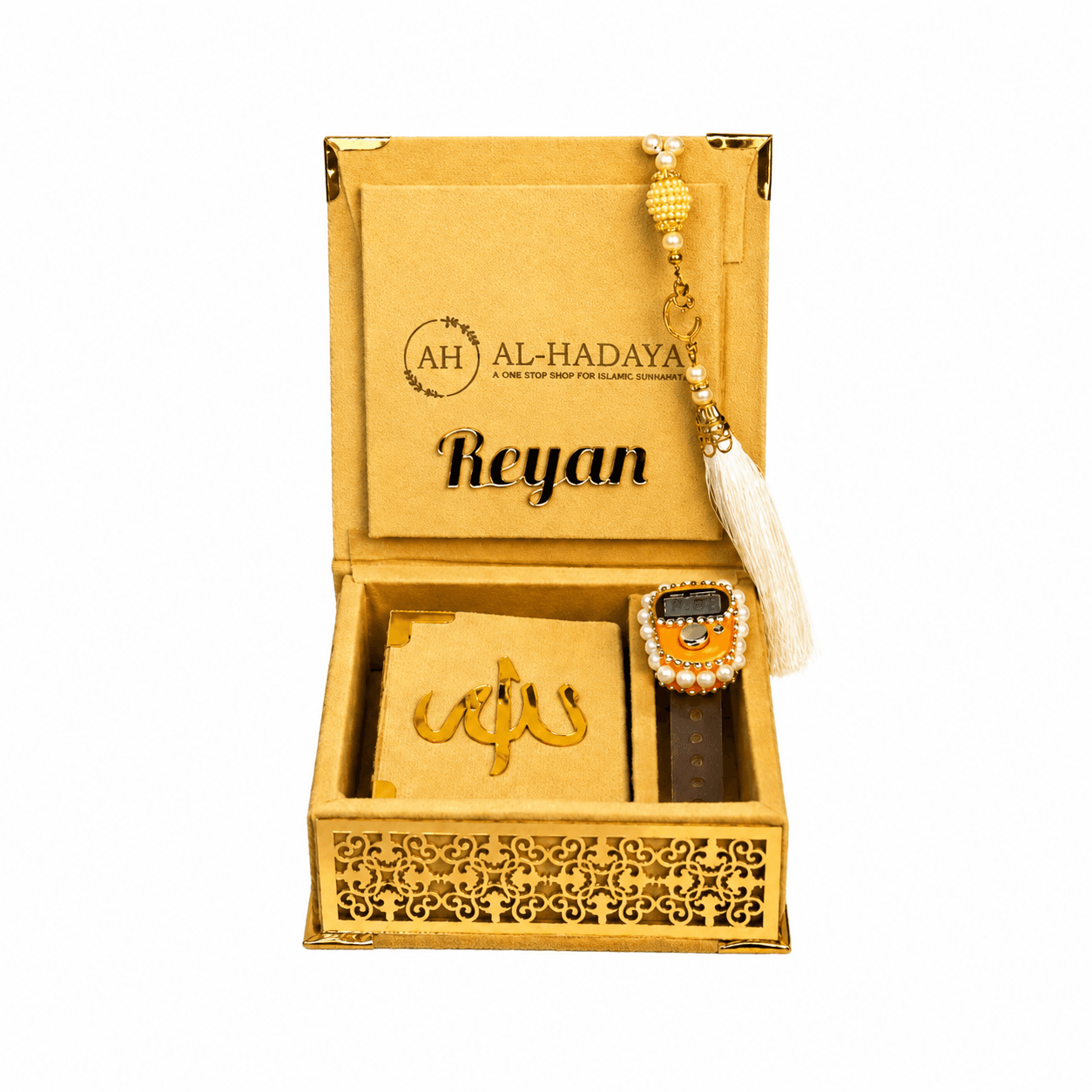 Gold box with 'Al-Hadaya' branding, containing a small box and decorative item.
