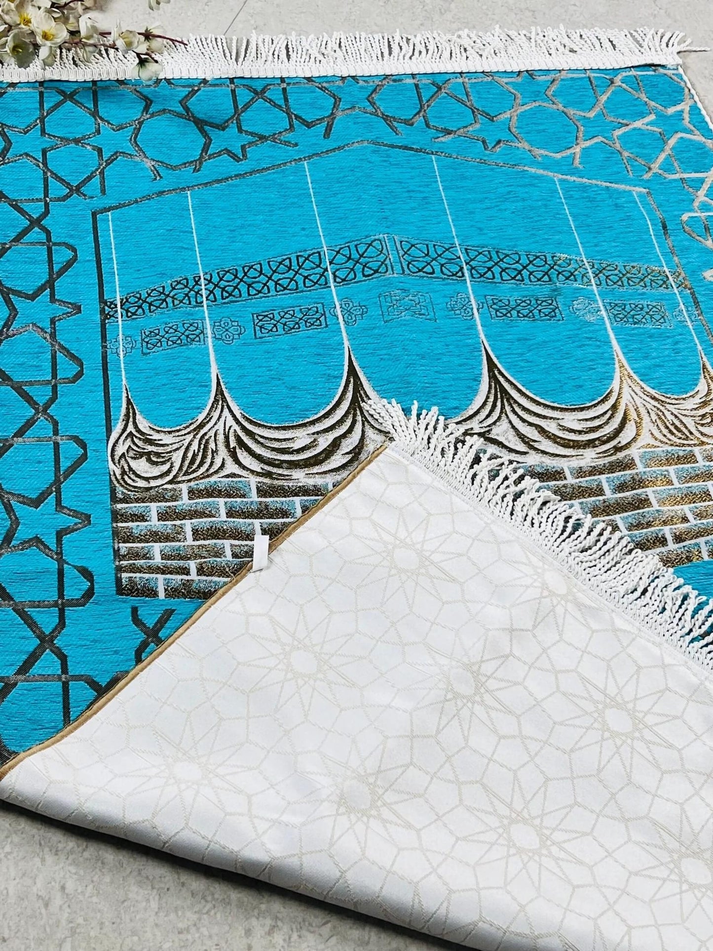 Turkish Islamic Prayer Mat | Kaaba Design Prayer Rug Janamaz - Turquoise Blue.