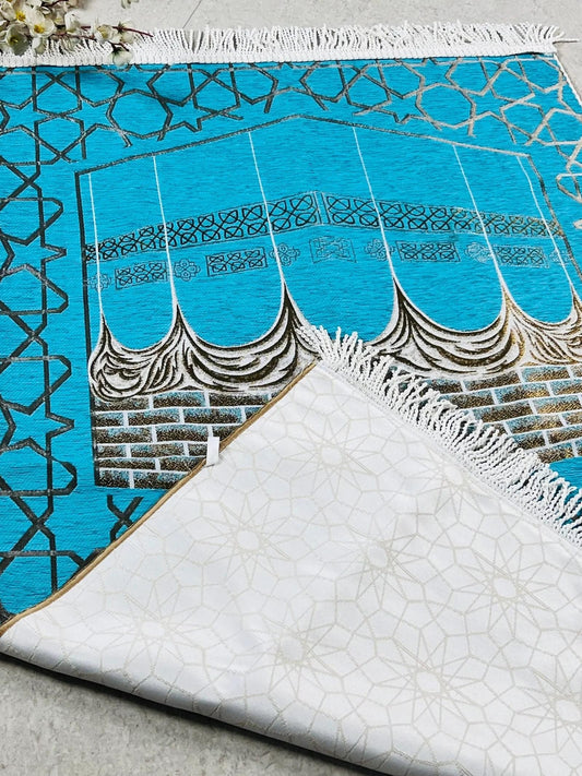 Turkish Islamic Prayer Mat | Kaaba Design Prayer Rug Janamaz - Turquoise Blue.