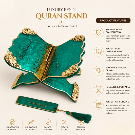 Premium Emerald Green Resin Art Quran Stand (Rehal) with Matching Bookmark.