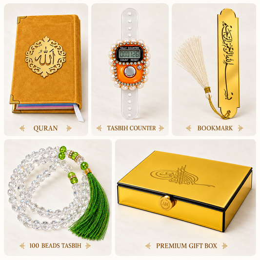 A product bundle collage showing five items: a gold Quran with a metallic emblem, a white Tasbih counter with a digital display and pearl trim, a gold bookmark with tassel, a set of 100 clear prayer beads with green tassels, and a gold premium gift box. Each item is labeled underneath on a light beige background.