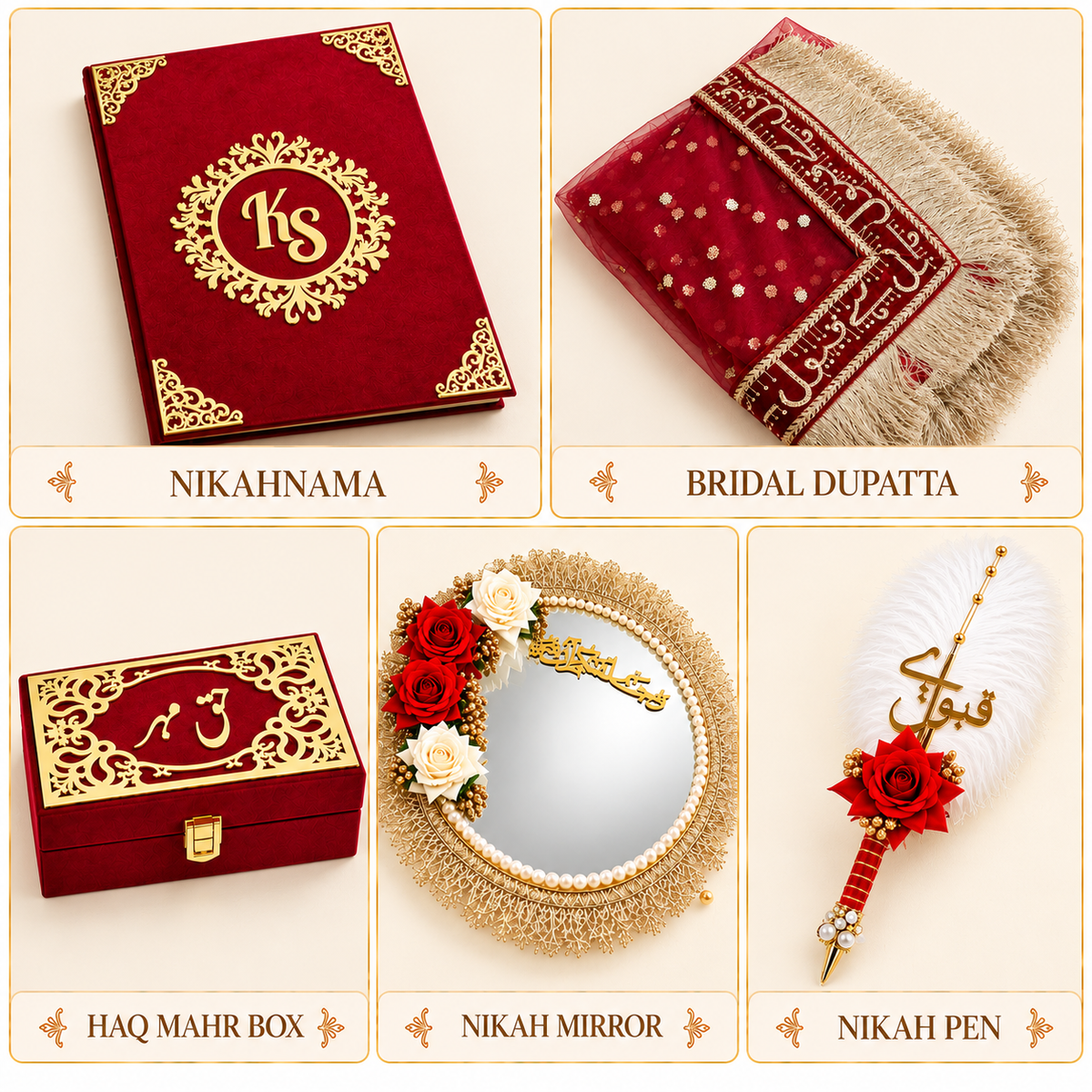 A 2x3 collage showing a coordinated Islamic wedding gift set: a red velvet Nikahnama book with gold monogram and corner ornaments, a red Bridal Dupatta with fringe and gold embroidery, a red Haq Mahr box with gold laser-cut detailing, a round mirror with a pearl and gold frame and red/white roses, and a white feather Nikah pen with gold calligraphy and red roses.