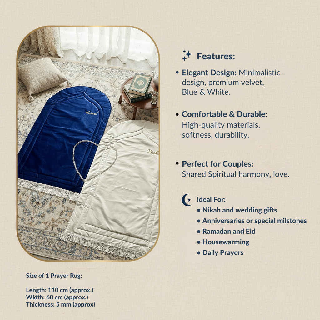 Handcrafted blue and white couple prayer rug set, combining spiritual symbolism and luxury for Muslim couples, perfect for daily prayers or gifting