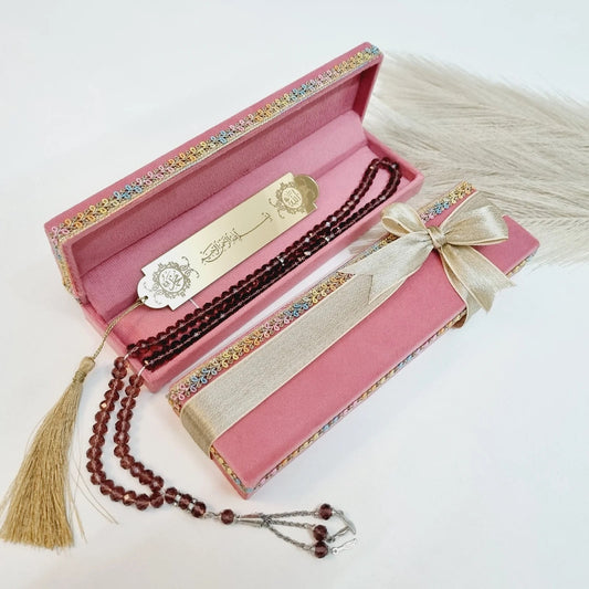 pastel pink Luxe Velvet Box with black crystal tasbih and silver Bismillah bookmark, perfect Muslim favor gift.