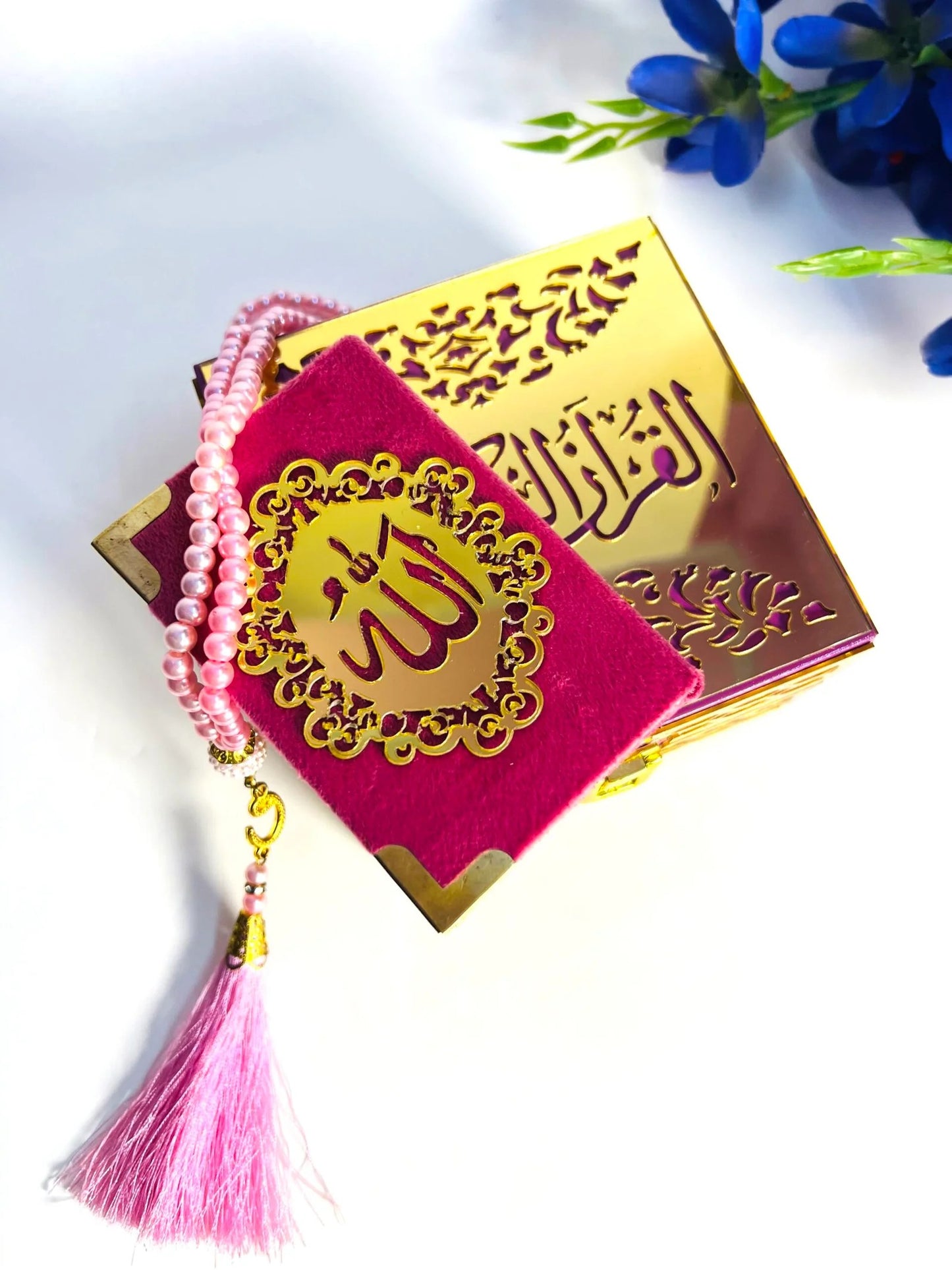 pastel pink mini quran acrylic calligraphy golden box