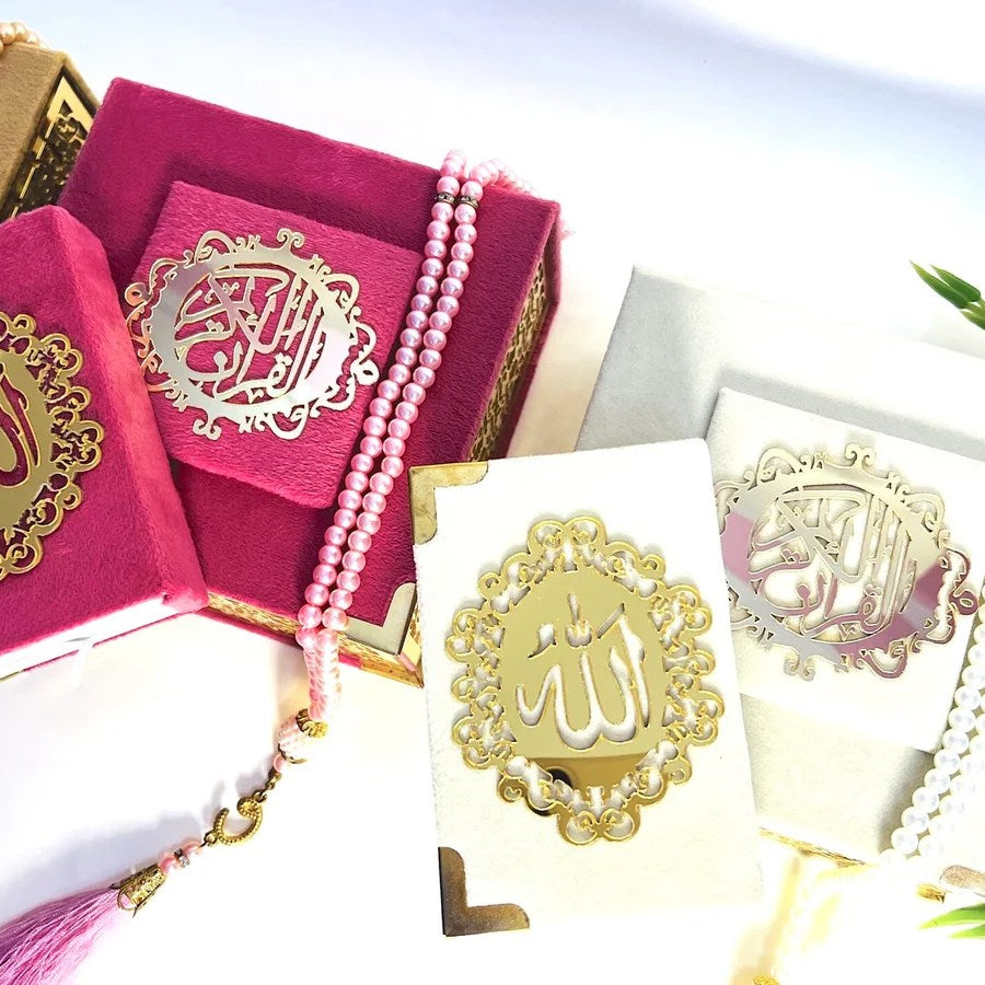 pink and pearl white mini quran with box