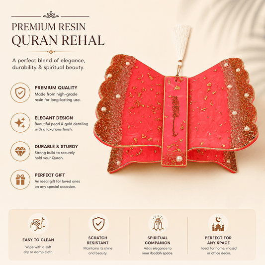 Premium Blush Pink Resin Art Quran Stand (Rehal) with Matching Bookmark.