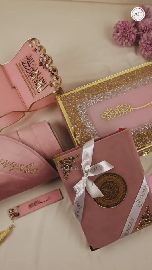 Luxury pink Islamic gift hamper with Quran, resin bookmark, and velvet box