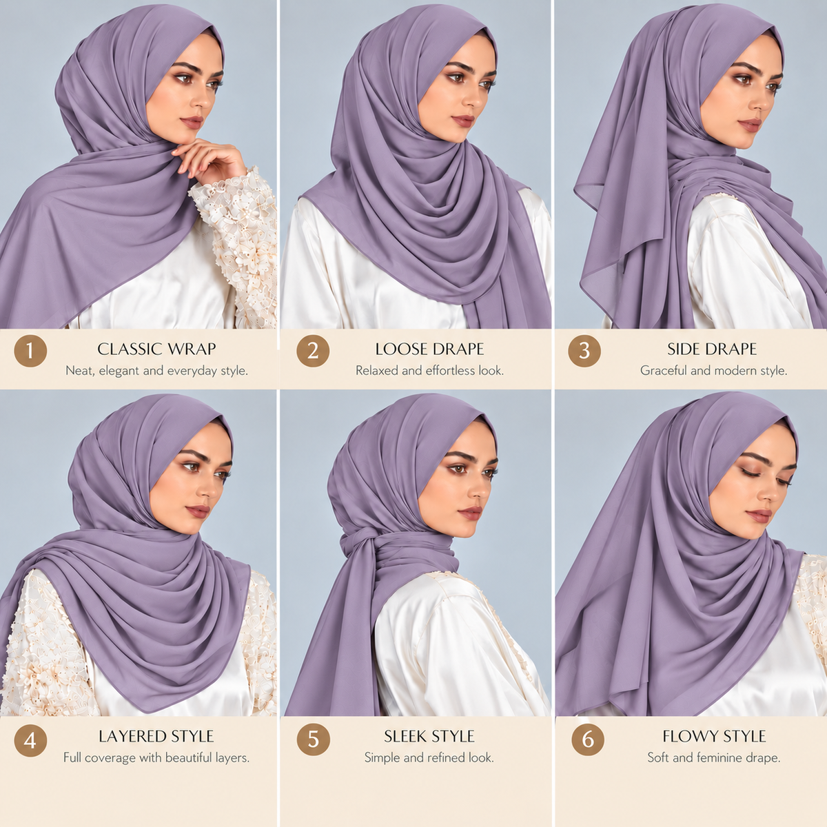 A six-panel comparison graphic showing a model wearing a dusty lavender hijab in six different styling styles, labeled Classic Wrap, Loose Drape, Side Drape, Layered Style, Seek Style, and Flowy Style.
