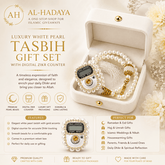 Luxury white pearl tasbih gift set with digital zikr counter in a box, featuring Al-Hadaya branding.