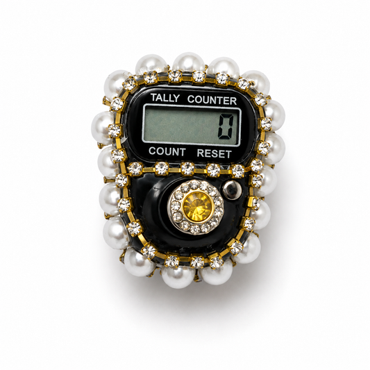 Digital tally counter with pearl and gemstone design on a white background