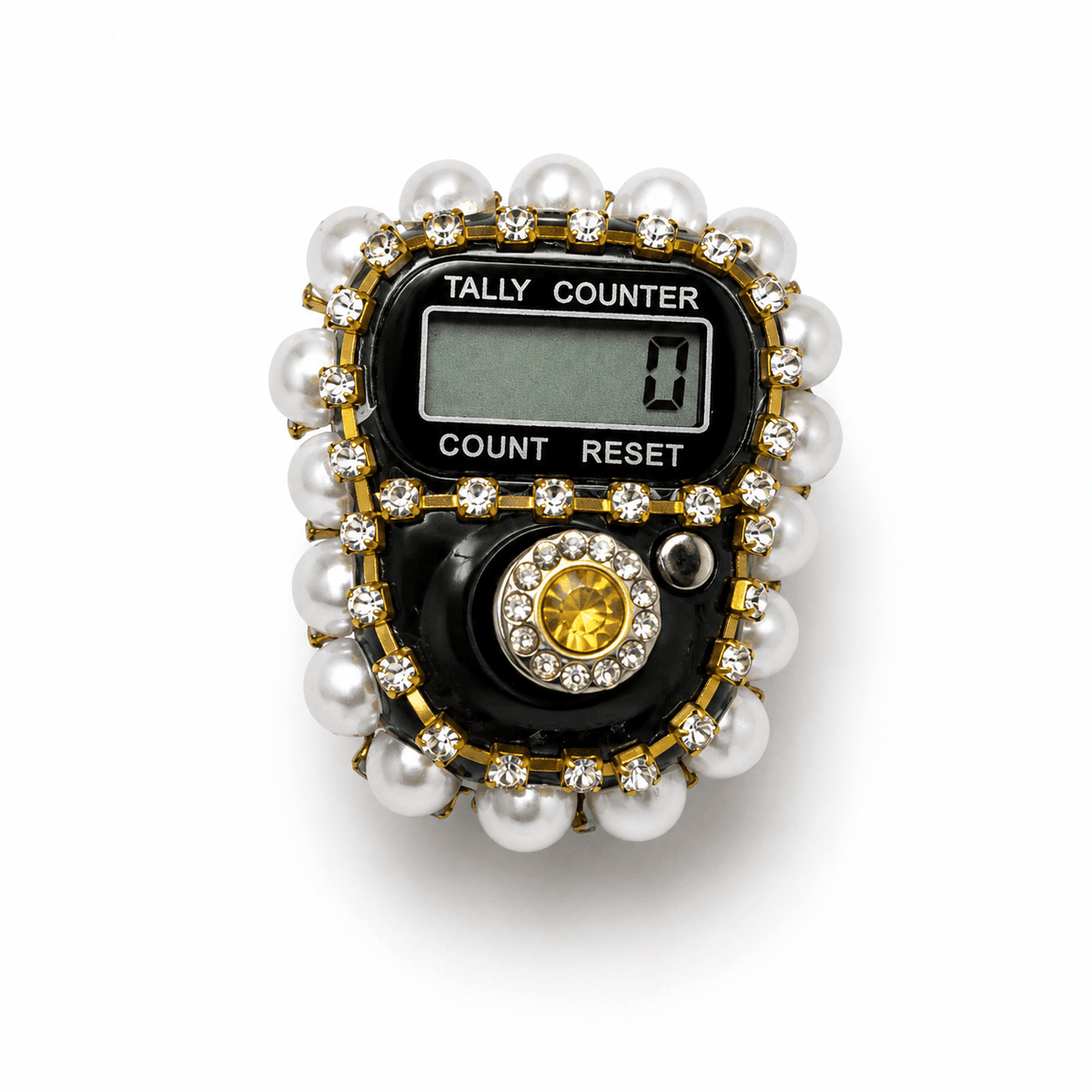 Digital tally counter with pearl and gemstone design on a white background