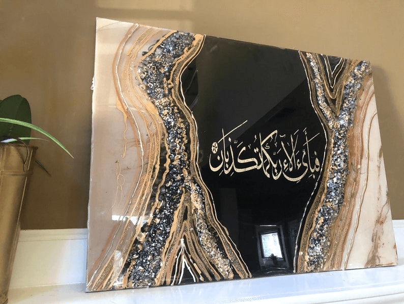 Islamic Resin Art: Black & Gold Gemstone Wall Painting. Size- 24” by 24”.
