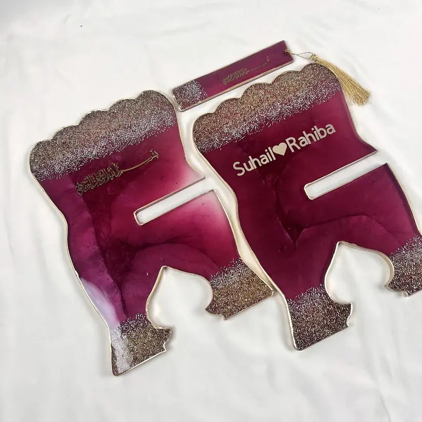 Burgundy Resin Rehal with Personalized Names & Velvet Quran Gift Box.