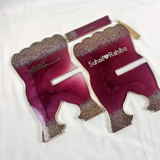 Burgundy Resin Rehal with Personalized Names & Velvet Quran Gift Box.
