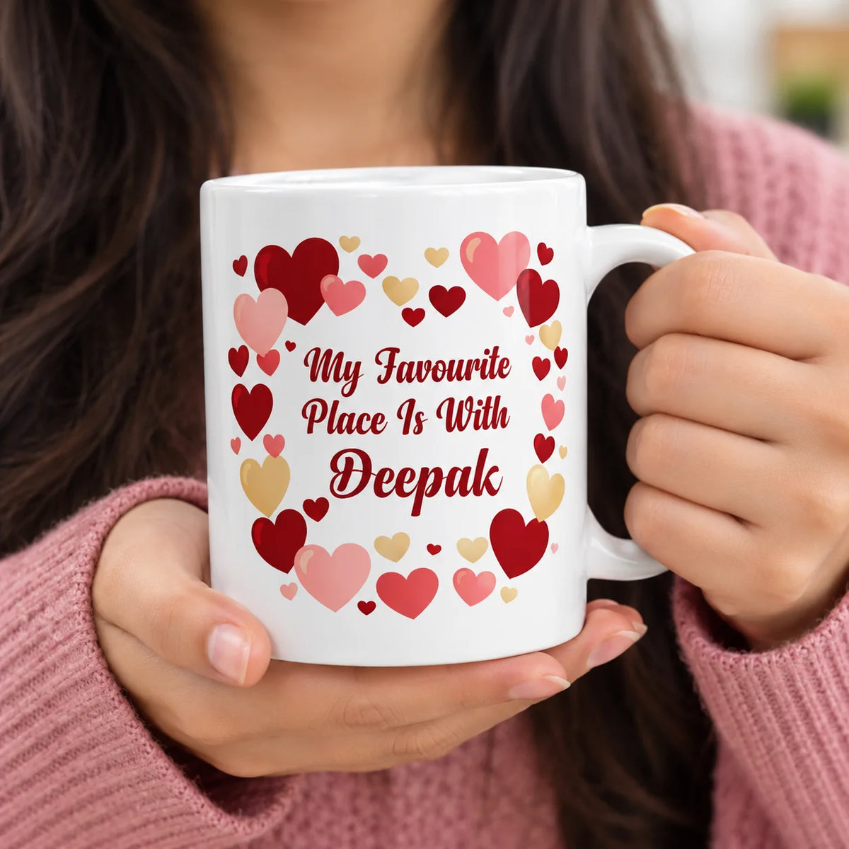 White Ceramic Valentine's Day Mug with My Favourite Place Is With You Red Text, Custom Name, and Red Pink Gold Heart Wreath Frame