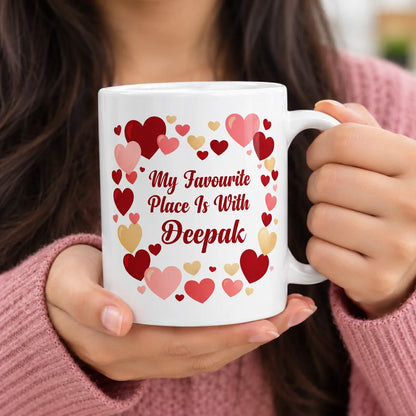 White Ceramic Valentine's Day Mug with My Favourite Place Is With You Red Text, Custom Name, and Red Pink Gold Heart Wreath Frame