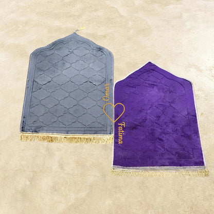 Personalized Grey and Purple Velvet Couple Prayer Mat Set with Gold Calligraphy